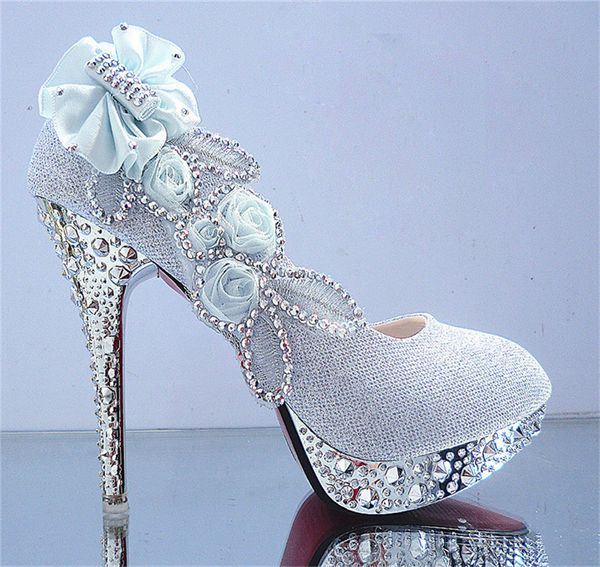 Silver Diamond Flowers Sapatos de Casamento Bombas de Flores Bombas Altos Sapatos Noiva 8cm 10 cm 11cm Prom sapatos para senhora