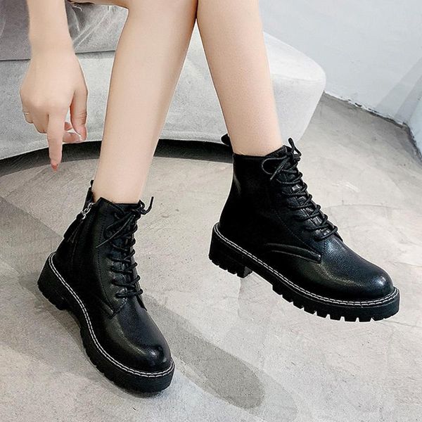 

boots 2021 winter shoes women lace up platform motorcyle zip booties sewing ankle female botines mujer 8183l, Black