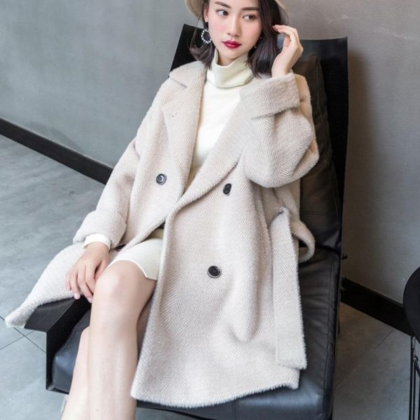 

women's wool & blends thick cotton jacket all-match collar lace ladies'wool medium loose small female coat 8ixz, Black
