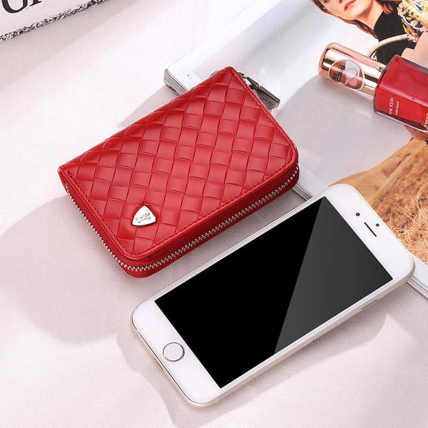 

card holders 2021 women's anti-theft swipe ladies small brush organ leather hand-woven vertical men and women with t, Brown;gray