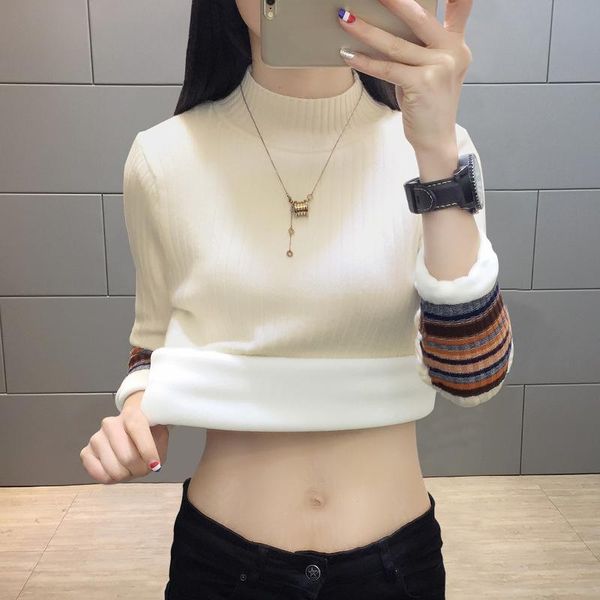 

women's sweaters winter korean style all-match turtleneck pullover sweater knit women plus velvet thick slim bottoming warm, White;black