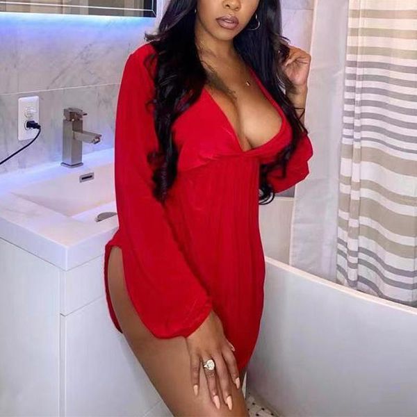

casual dresses long sleeve v neck siliky satin mini dress slit party, Black;gray