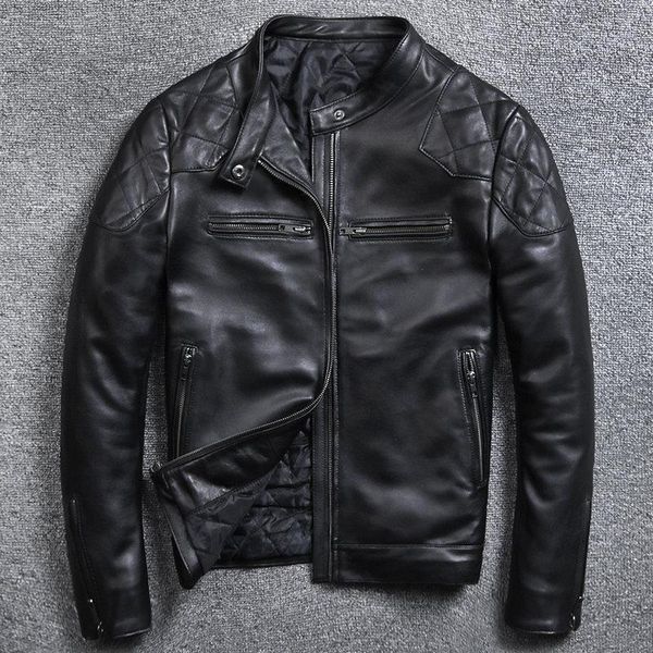

men's leather & faux 2021 sheepskin jacket slim fit motorcycle clothing fashion stand collar short black genuine coat male