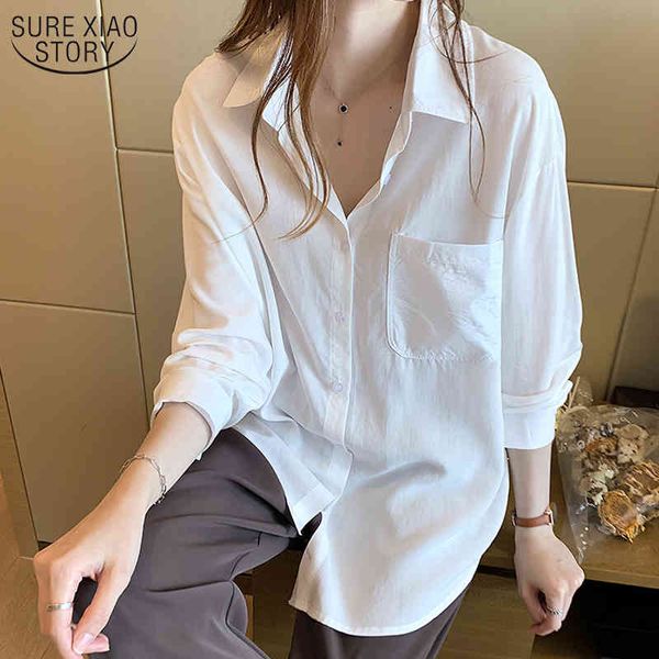 

autumn loose shirt korean fashion office lady long sleeve women solid polo collar cardigan casual blouses 10934 210508, White