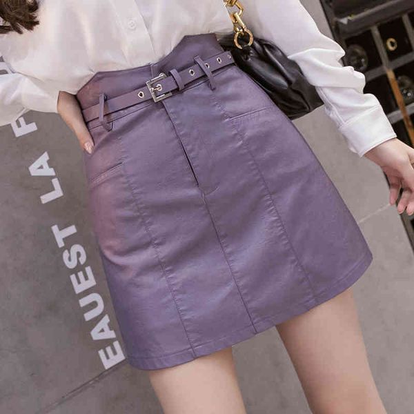 

skirts high-waisted belt mini leather skirt a-line hip package pockets pu short purple blue k8hr, Black