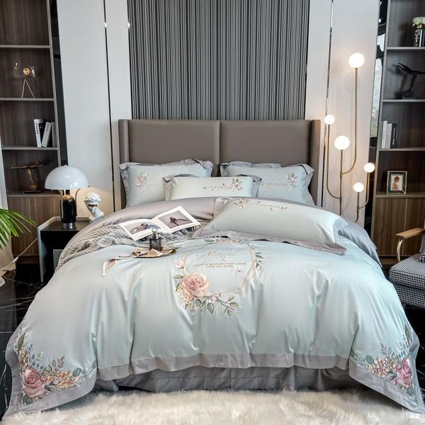 

bedding sets vintage and elegent gray green duvet cover set soft egyptian cotton flower embroidery quilt bed sheet pillowcases