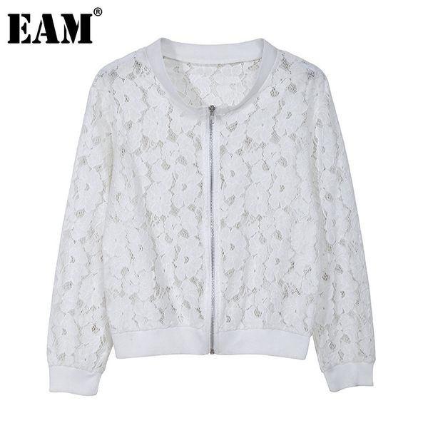 [EAM] Aushöhlen Spitze Haken Blume Lose Jacke Stehkragen Langarm Frauen Mantel Mode Frühling Sommer 1DD7214 21512