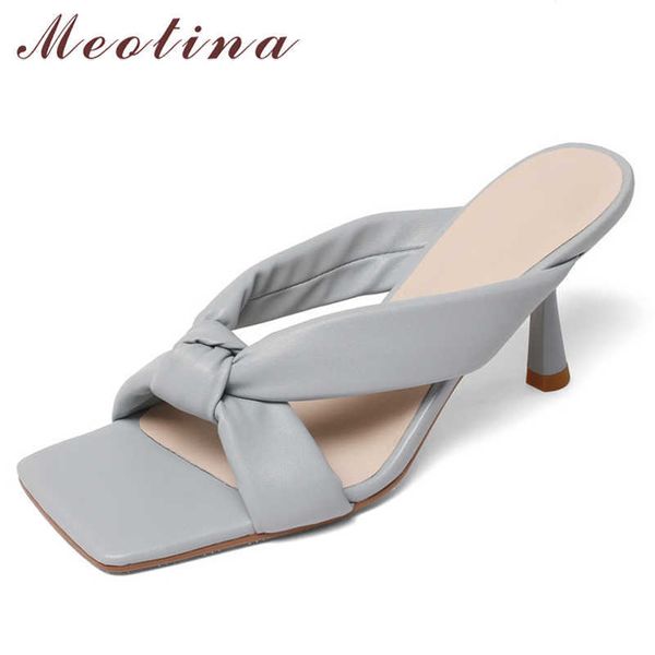 

meotina shoes women genuine leather sandals high heel slippers thin heel slides square toe sheep skin ladies footwear summer 210608, Black