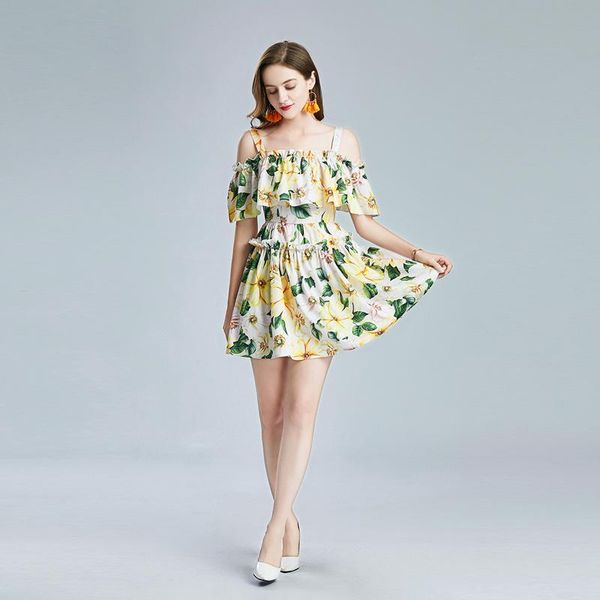 

casual dresses est 2021 fashion runway summer girl party mini dress women spaghetti strap ruffle flower print vintage holiday short, Black;gray
