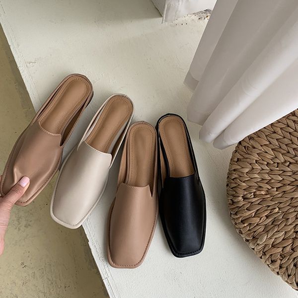 

sandals vintage square toe flat shoes for women elegant solid mules soft sole ladies swc0735 m850, Black