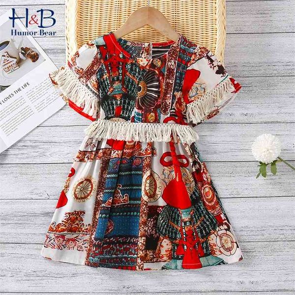 

girls dress summer short sleeve cartoon printed bohemian style tassel patchwork kids toddler clothes 210611, Red;yellow