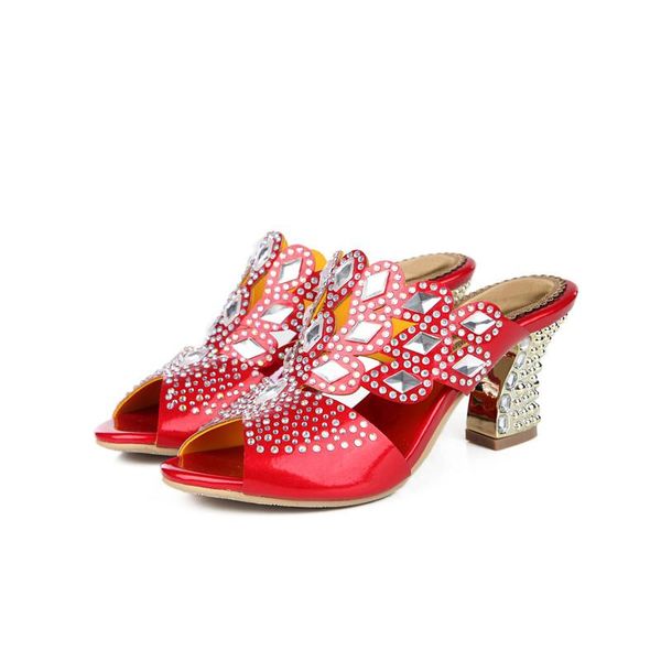 

slippers thick high heel 8 cm women peep toe rhinestone hollow diamonds, Black