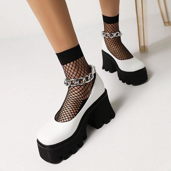 

metal chain ankle strap buckle pu leather square toe 8.5cm high heels ladies pumps fashion block heel women chunky shoes dress, Black