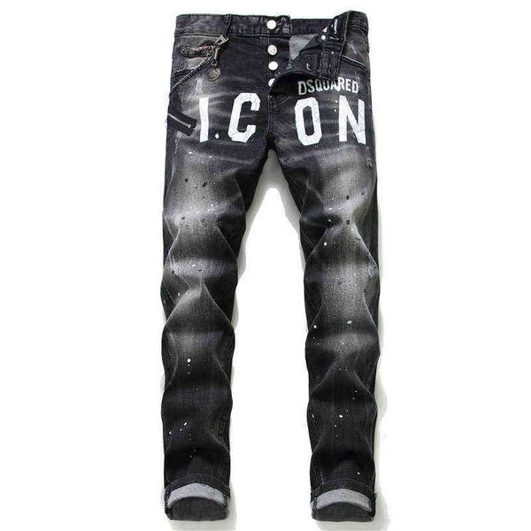 

black and gray paint ripped holes wild maple leaf icon personality new jeans men's bottom denim pants h1116, Blue