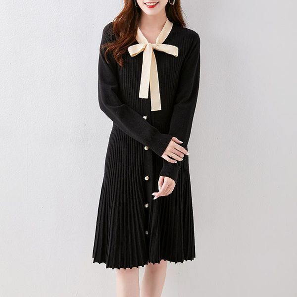 

spring autumn knitted women dress korean style casual fashion female elegant sweater silm midi bow dresses, Black;gray