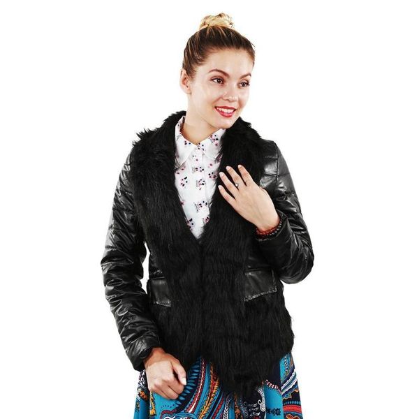 

women's fur & faux winter slim imitation collar pu leather thin coat crop jacket women, Black