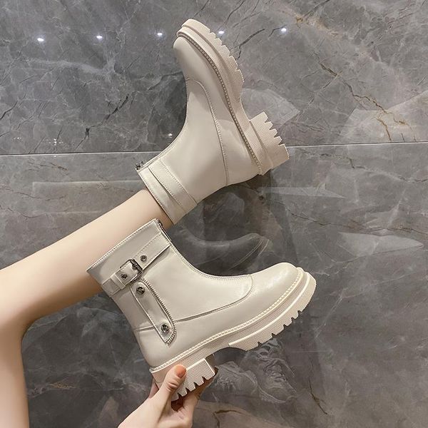 

boots 2021 woman women's autumn winter keep warm fashion buckle front zipper all-match bare outdoor short, Black