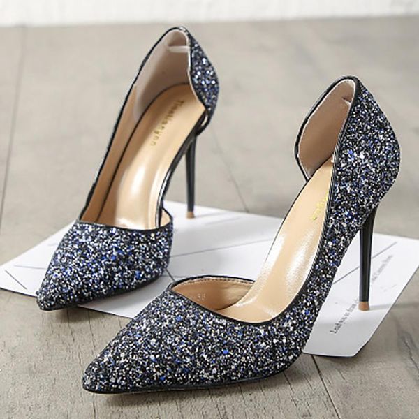 

dress shoes 2021 style women's stiletto high-heeled shallow mouth pointed side hollow sequined single wedding, Black