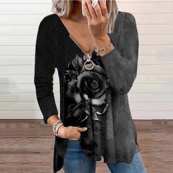 

women's blouses & shirts women vintage zipper blouse floral print irregular hem basic for long sleeve v-neck elegant loose femme 40#, White