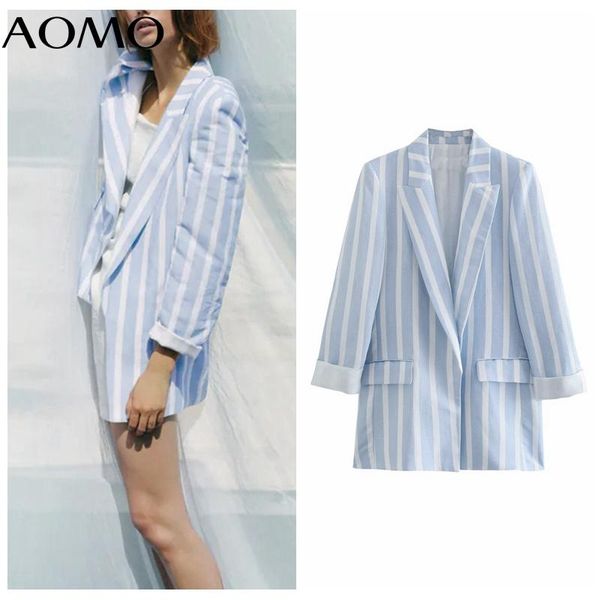 

women's suits & blazers aomo women 2021 fashion blue striped print blazer coat vintage long sleeve female outerwear chic 4n26a, White;black