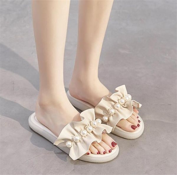 

slippers women's style outdoor leisure flip flops fashion pearl sandals designer mules candy color flat slides travel shoes, Black