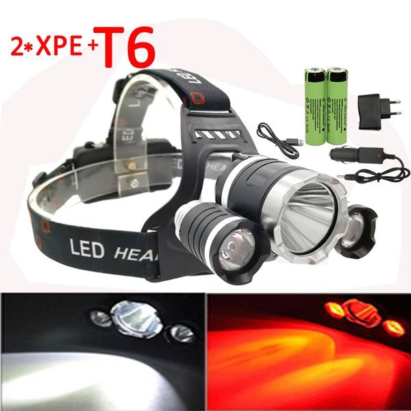 

headlamp 2x xpe red +t6 white headlight 4 mode rechargeable head lamp + 18650 battery charger for camping headlamps