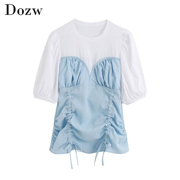 

fashion patchwork drawstring blouse women o neck sweet shirt female puff short sleeve stylish blouses summer 210515, White