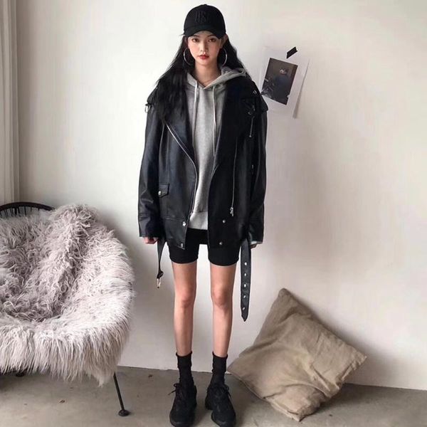 

women's leather & faux jacket plus velvet matte cool handsome casual pu loose street wear winter fur clothing, Black