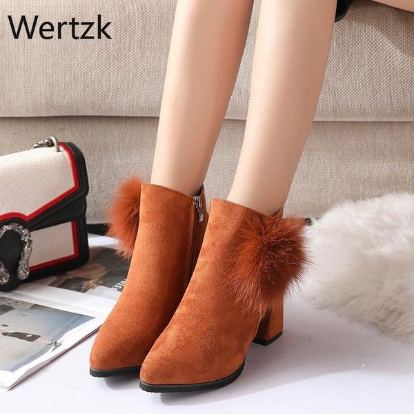 

boots shoes womn 100% real fur warm winter ankle female zip square heels leather woman, Black