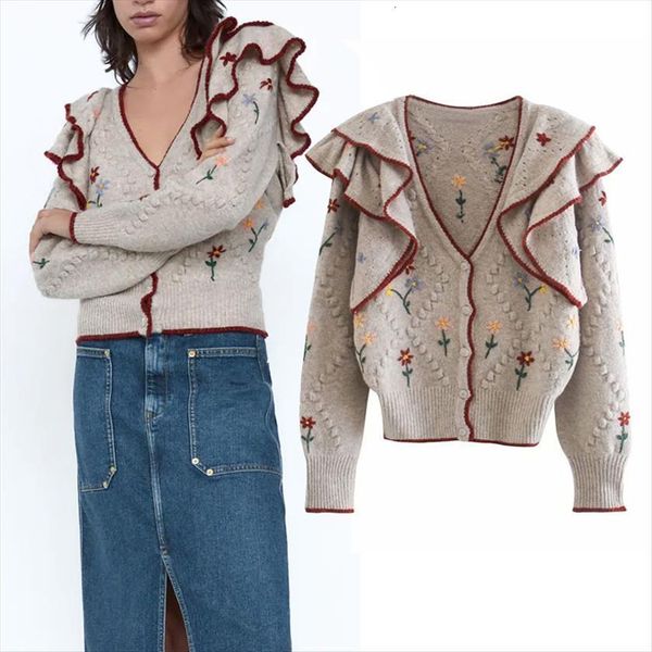 

autumn embroidered v neck womens sweaters knitted ladies retro ruffled long sleeved cardigan casual loose, White;black