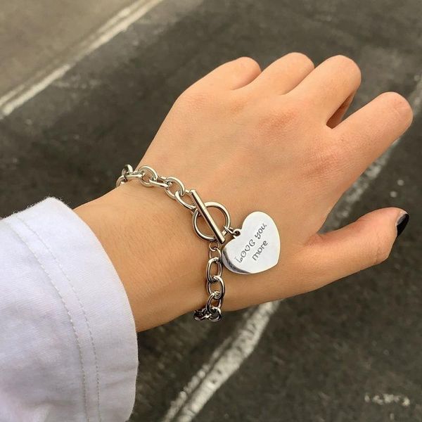 

link, chain hip hop silver color titanium steel heart charm bracelets for women punk stainless personality couple bracelet jewelry, Black