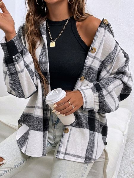 

plaid pattern button front drop shoulder overcoat y1qz#, Black