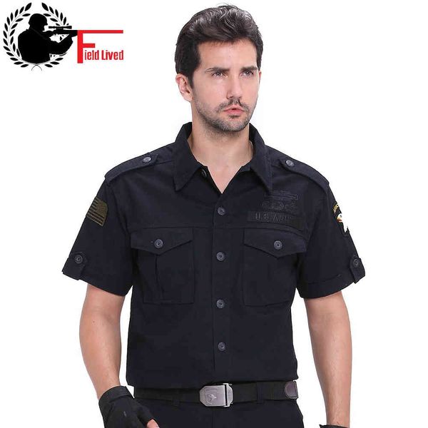 Airborne Camisa dos homens de qualidade dos EUA Estilo militar com Epaulets manga curta 100% algodão camisa tática uniforme moda masculina 210518
