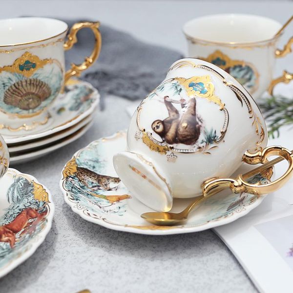 

cups & saucers white jade porcelain coffee cup set, home afternoon tea ceramic dessert ,jungle animal