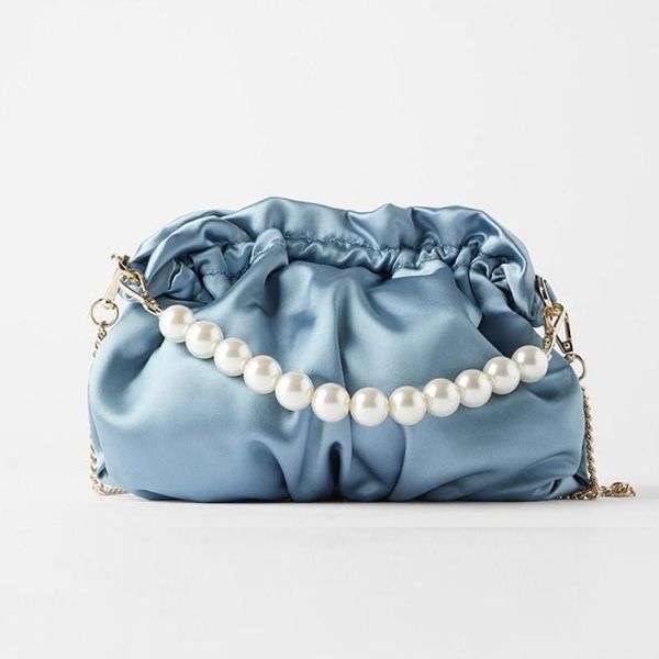 

women's party bag with pearl chain handbag silk satin cloud style ladies single shoulder crossbody satchel totes
