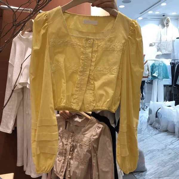 

temperament square collar short shirts women blouses sweeet puff long sleeve crop mujer lace patchwork blusas mujer 210514, White