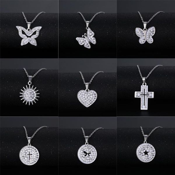 

chains heart butterfly cross sun pendant stainless steel necklace rhinestone chain choker necklaces for women valentine's day gifts, Silver