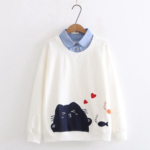 

women's hoodies & sweatshirts spring autumn sweet women preppy style drop shoulder lapel fake two pieces student cartoon embroidery loo, Black