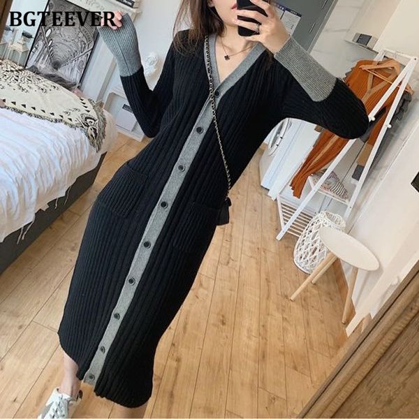 

dresses v-neck patchwork single-breasted women knitted autumn winter striped female sweater dress lady vestidos hjlw, Black;gray