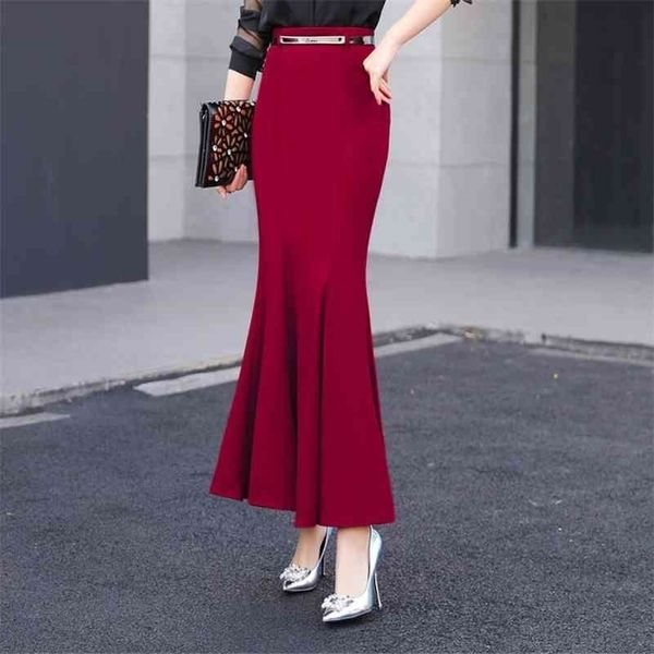 

spring women skirt ruffles slim high waist long package buttocks tail skirts red black 1890 210329