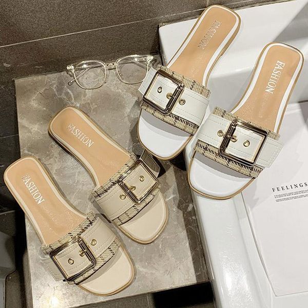 

summer women slippers belt buckle jacquard fabric ladies shoe woman slides white flat slipper beach shoes flip flops 9003g, Black