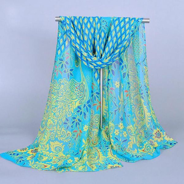 

scarves sell india bohemian beach peacock chiffon scarf with print long for women wraps shawl head band stole 160x50cm, Blue;gray