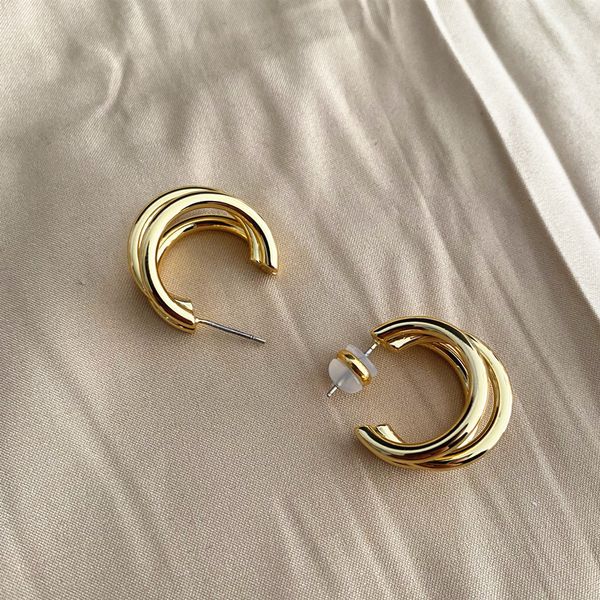 

fashion street trend stud ladies gifts gold-plated copper three-ring earrings jewelry, Golden;silver