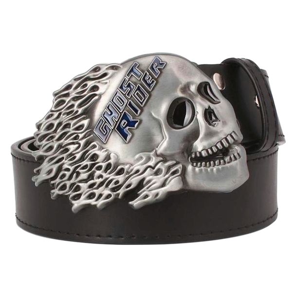 

designer belts 2023 fashion flame heavy metal ghost rider decorative strap punk skull style men's leather belt factory outlet, Silver
