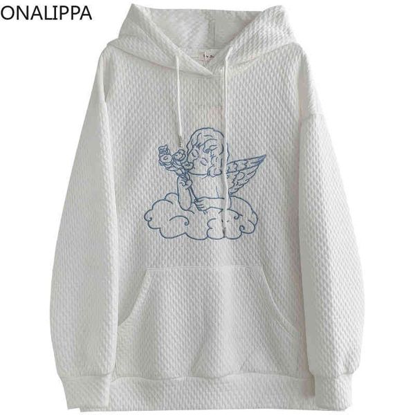 

onalippa women's embroidered hoodie, loose long sleeved urban style, retro, casual, fashionable, new in autumn, Black