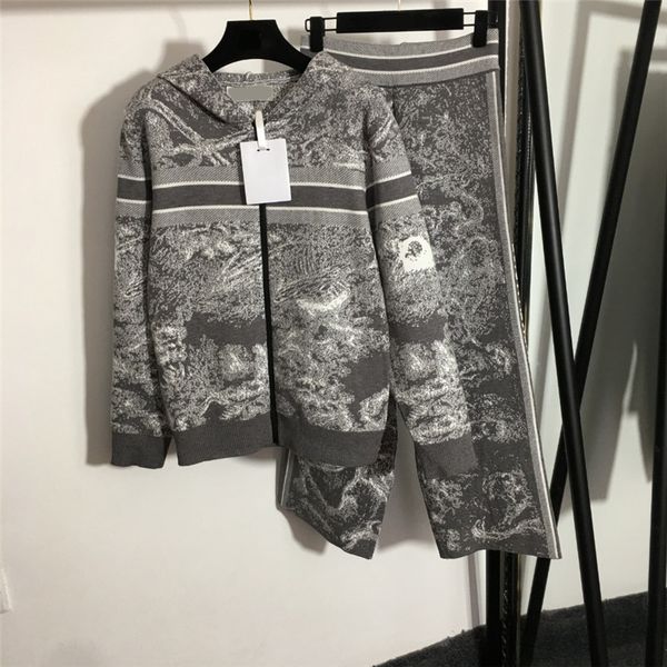 

animal forest printed hooded tracksuits ladies cardigan long sleeve sweater sweatshirts high waist knitted wide leg pants 2 piece set, Gray