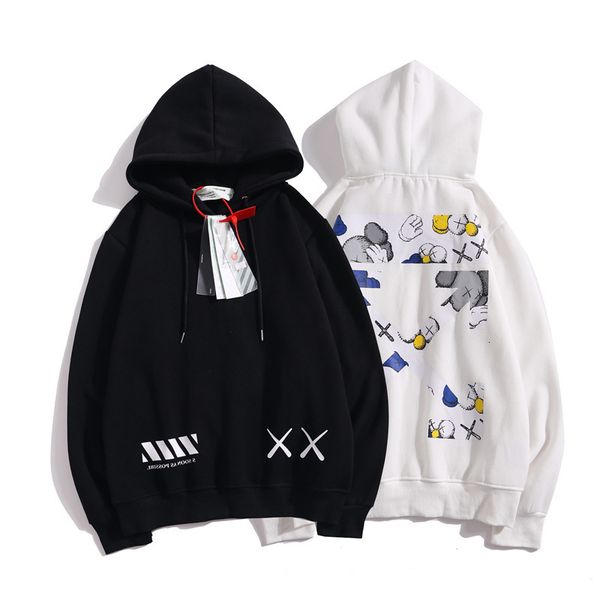 

white basic off arrow tide cartoon print ow hooded loose pullover plush sweater men's and women's hat, Black