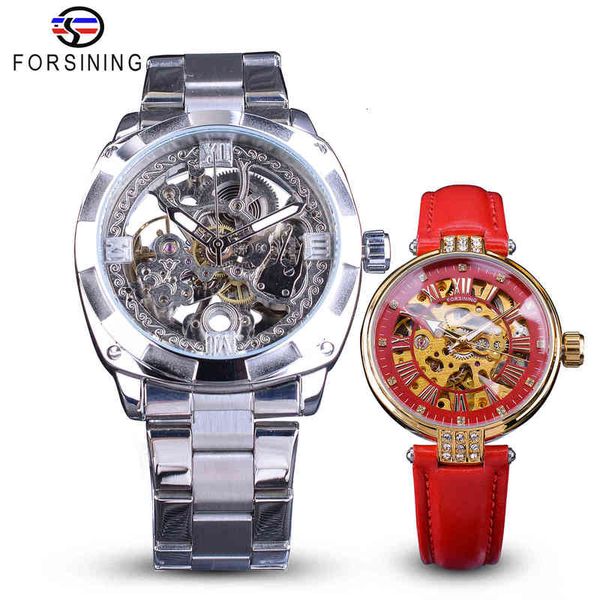 

combination forsining pair watches set men sier automatic steel/lady red skeleton leather mechanical poison, Slivery;brown