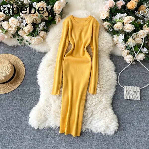 

casual dresses women elasticity knitted dress korean fashion soft warm pull femme 2021 autumn winter slim sheath sweater, Black;gray