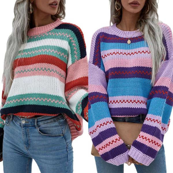 

women's jackets women round neck sweaters bohemian long sleeve color block striped loose knit, Black;brown